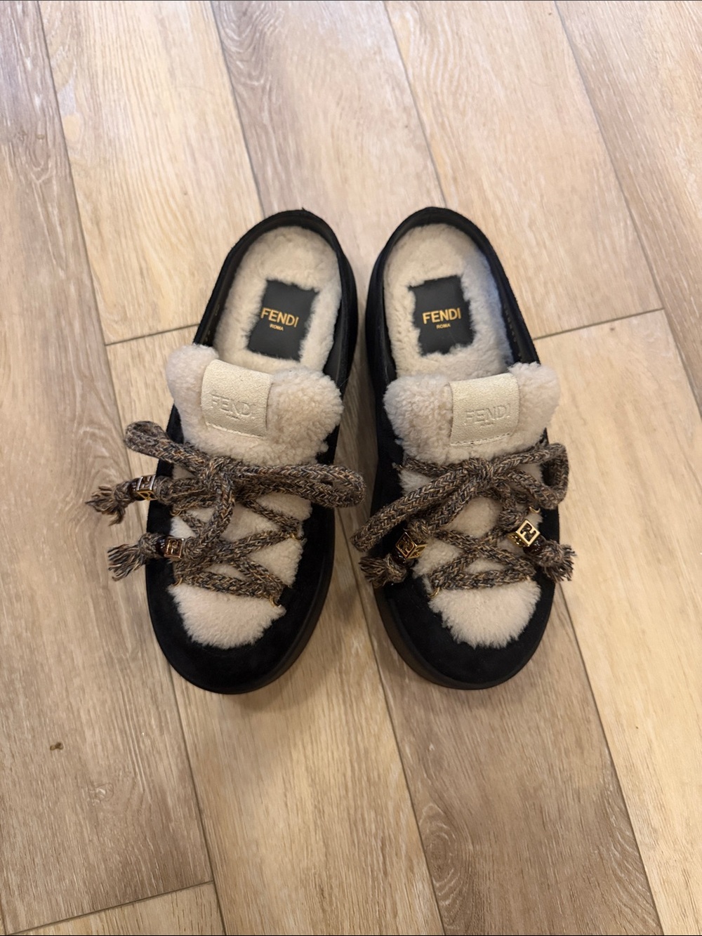 Fendi Black and Cream Shearling Lace-Up slides with Braided Laces